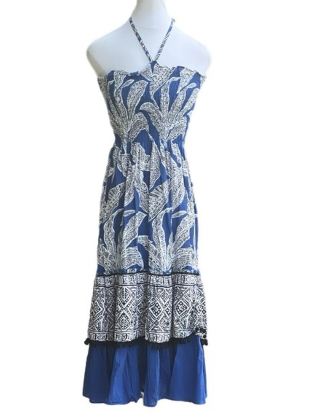Steve Madden Blue and White Printed Halter Maxi Dress